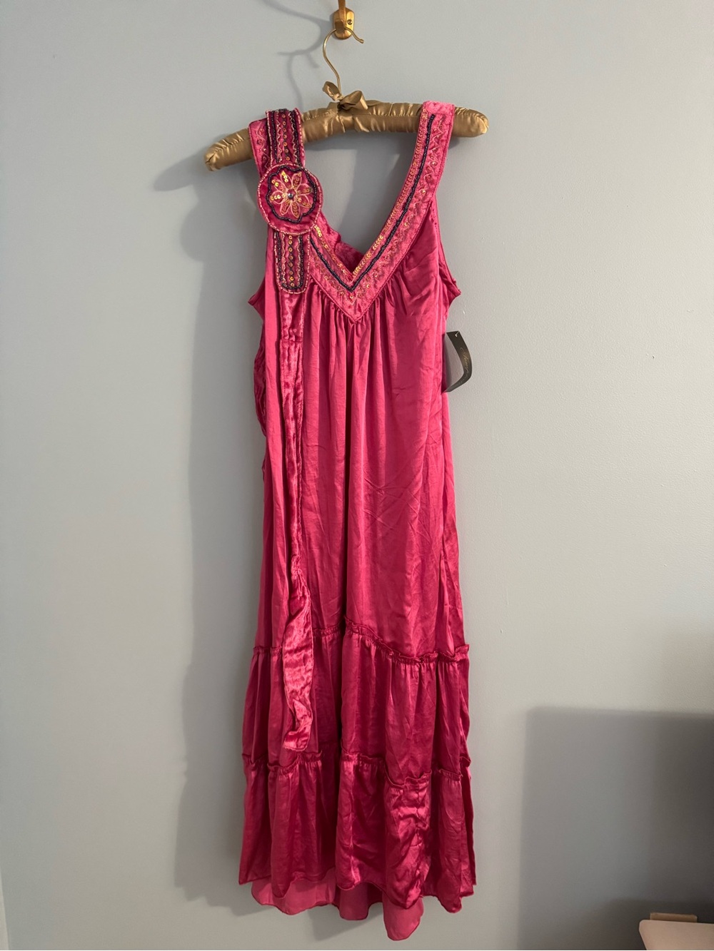 vintage boho NWT dead stock made in india flowy pink dress with beaded belt